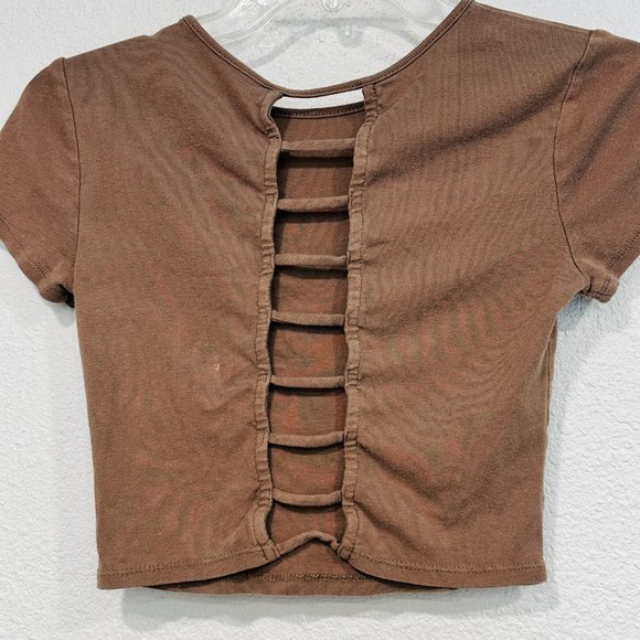 Home Girl Society Crop Top Lattice Back Butterfly CHANGE IS BEAUTIFUL Brown XS - Picture 5 of 7